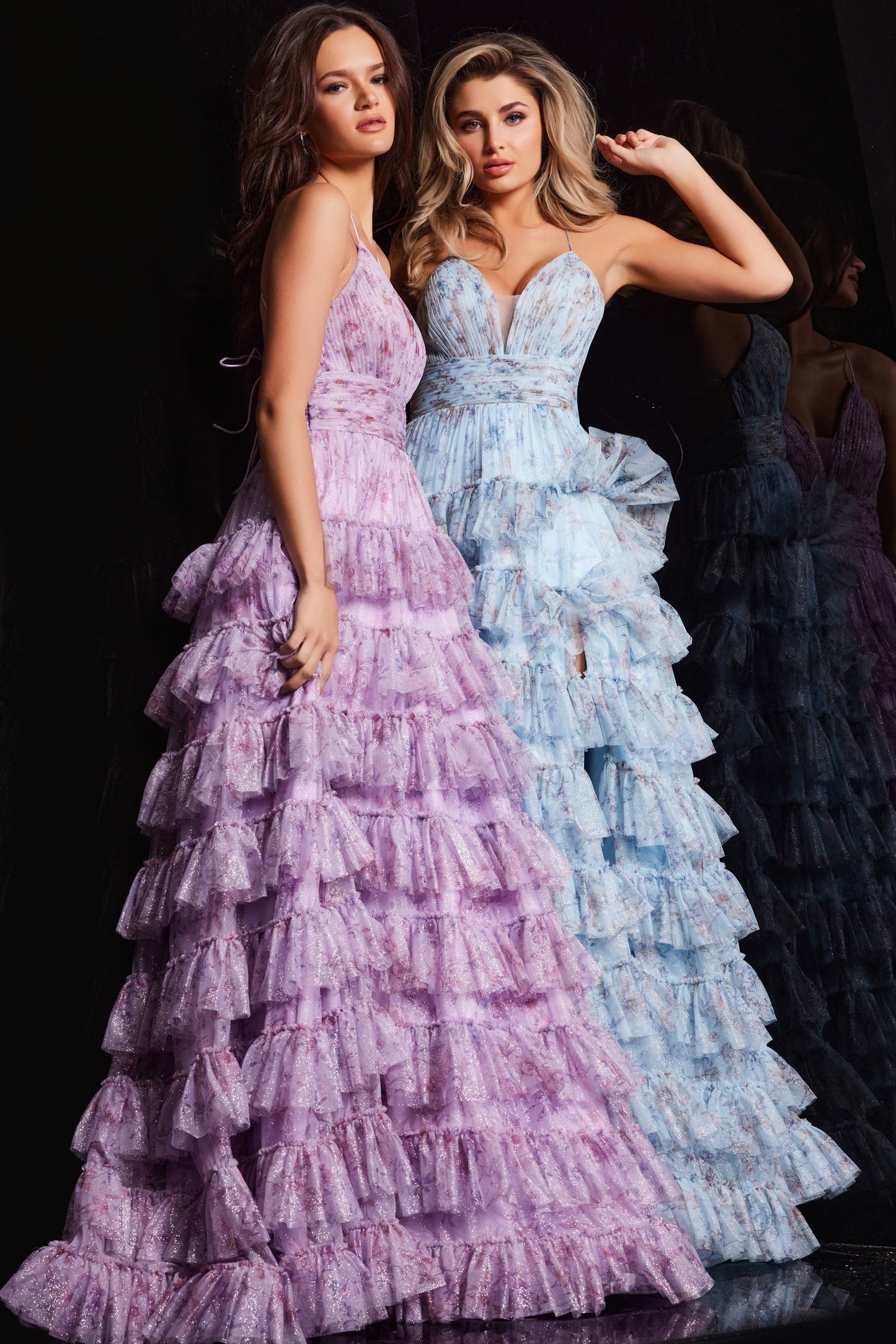Jovani 36571 Long Spaghetti Strap Floral Print Ruffle Prom Dress