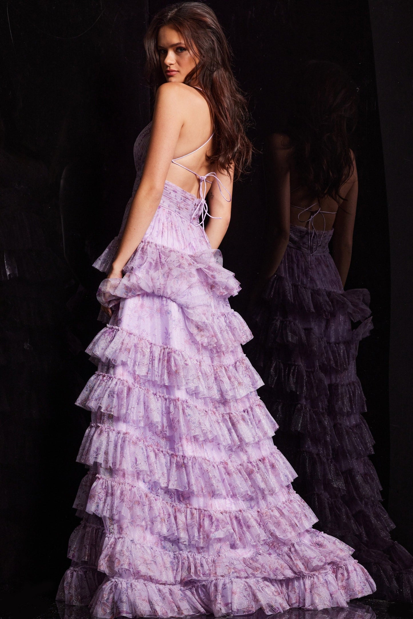 Jovani 36571 Long Spaghetti Strap Floral Print Ruffle Prom Dress