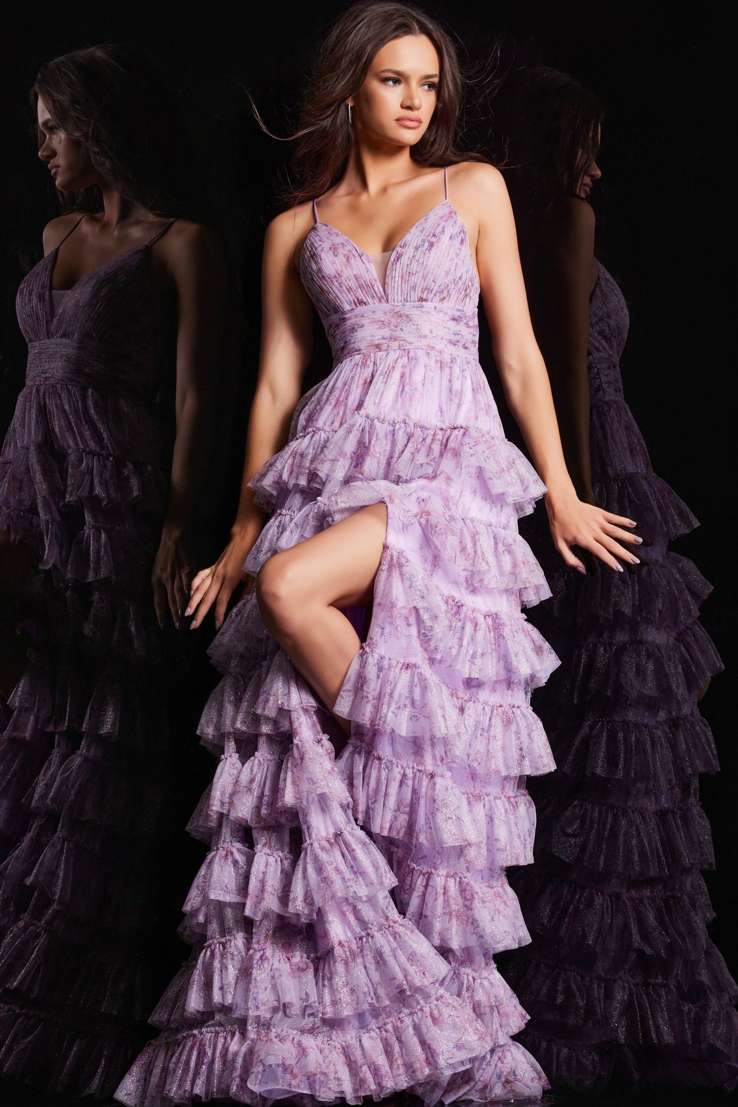 Jovani 36571 Long Spaghetti Strap Floral Print Ruffle Prom Dress