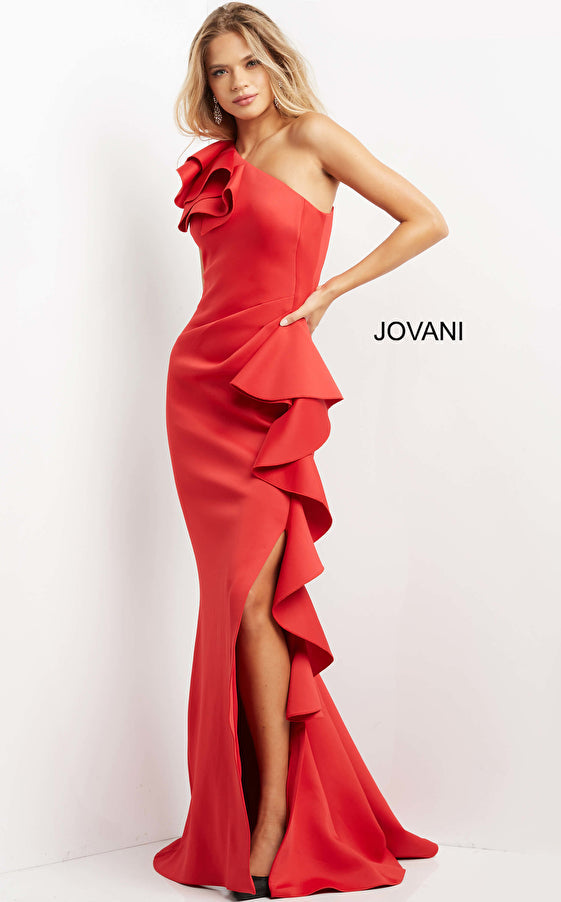 Jovani 06603 One Shoulder Ruffle Trim High Slit Formal Dress