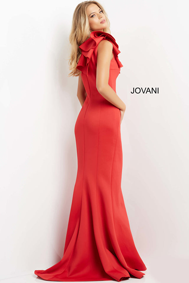 Jovani 06603 One Shoulder Ruffle Trim High Slit Formal Dress