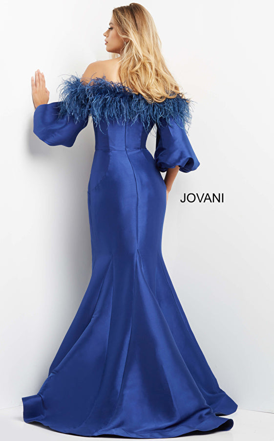 Jovani 08356 Mother of the Bride Feather Hemline 3/4 Sleeve Dress