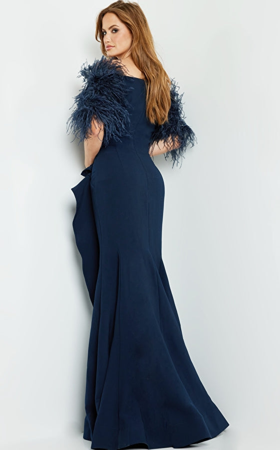 Jovani 09154 Mother of the Bride Short Feather Sleeve Side Drape Dress