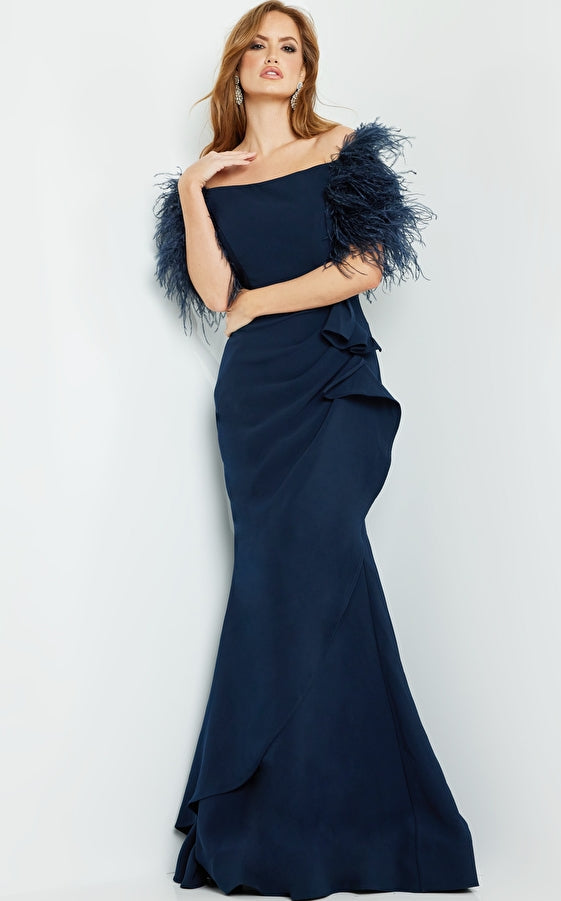 Jovani 09154 Mother of the Bride Short Feather Sleeve Side Drape Dress