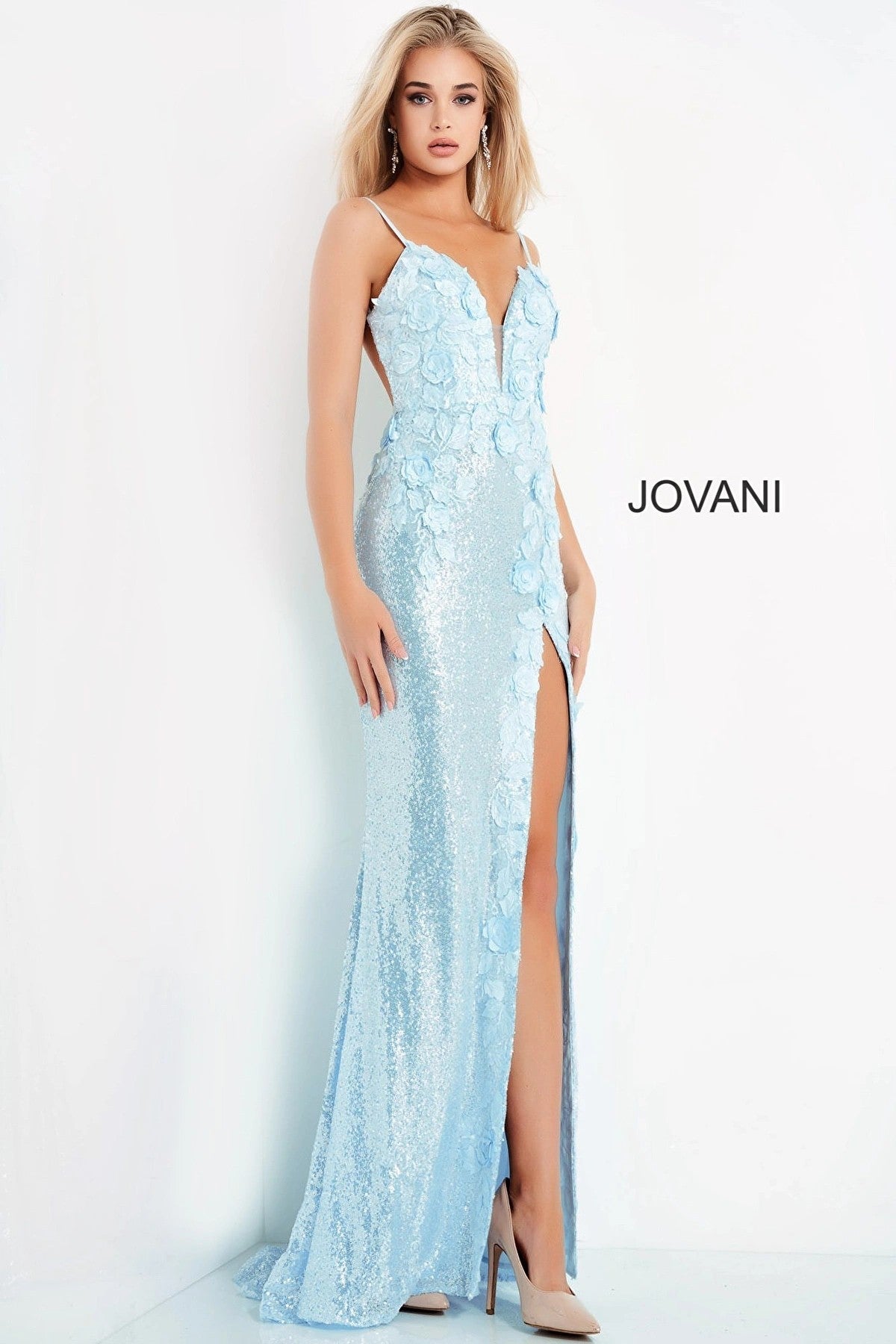 Jovani 1012 Long Spaghetti Strap Floral Applique Prom Dress