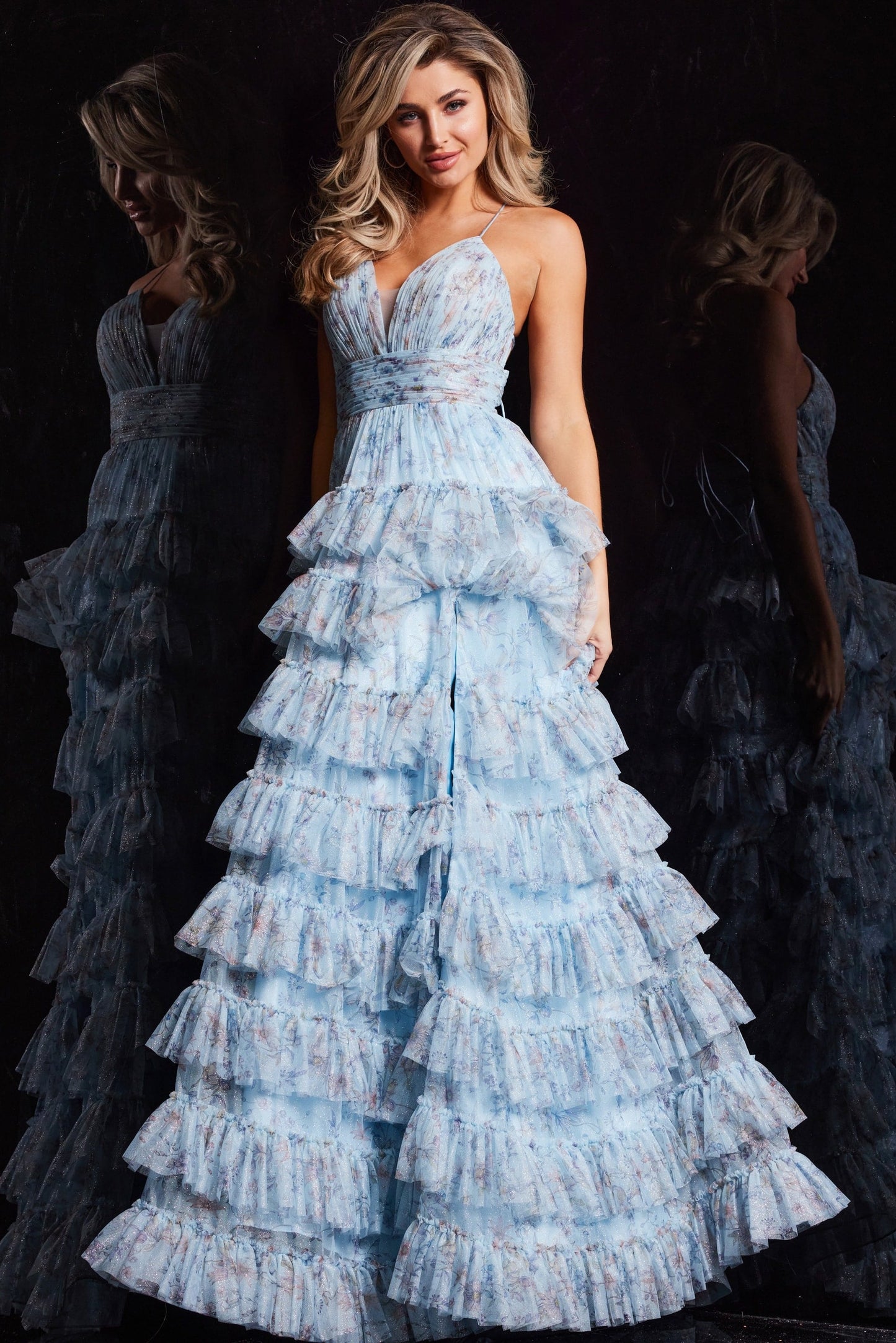 Jovani 36571 Long Spaghetti Strap Floral Print Ruffle Prom Dress